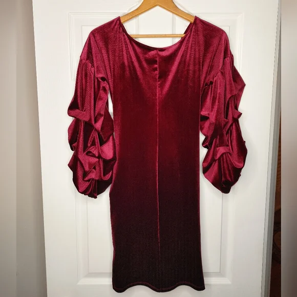 Velvet Ruched Draped Puff Exaggerated Sleeves Mini Dress, Burgundy L - Picture 3 of 10